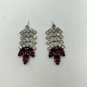 Vintage Clear & Purple Rhinestone Dangle Earrings Elegant Statement Prom